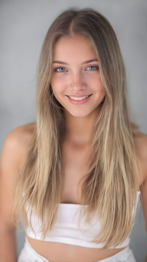 create a high quality image of a (((young beautiful tanned cute teen girl), straight soft long flowing hair, with perfectly realistic looking eyes (matching eyes) and (bright happy smile) facing the camera in a (((full length portrait))), (dressed in a sleek ((white short cropped top), and (tight jeans)) with ((white skin tight leggings)) and (beautifully detailed fingers)), poised against a (natural looking (((grey background)))) where her focus on the camera is perfectly framed and captures her perfectly realistic and detailed (skin texture variations) in a (extremely detailed and high resolution full height image), showcasing her perfectly curved and defined (perfectly symmetrical and evenly matched eyes) and beautifully defined (face texture) against a (super short tight (white) shirt that perfectly complements her look) and (tightly fitted (jean shorts) that flatters her legs), accentuating her slim and perfectly curved thighs.