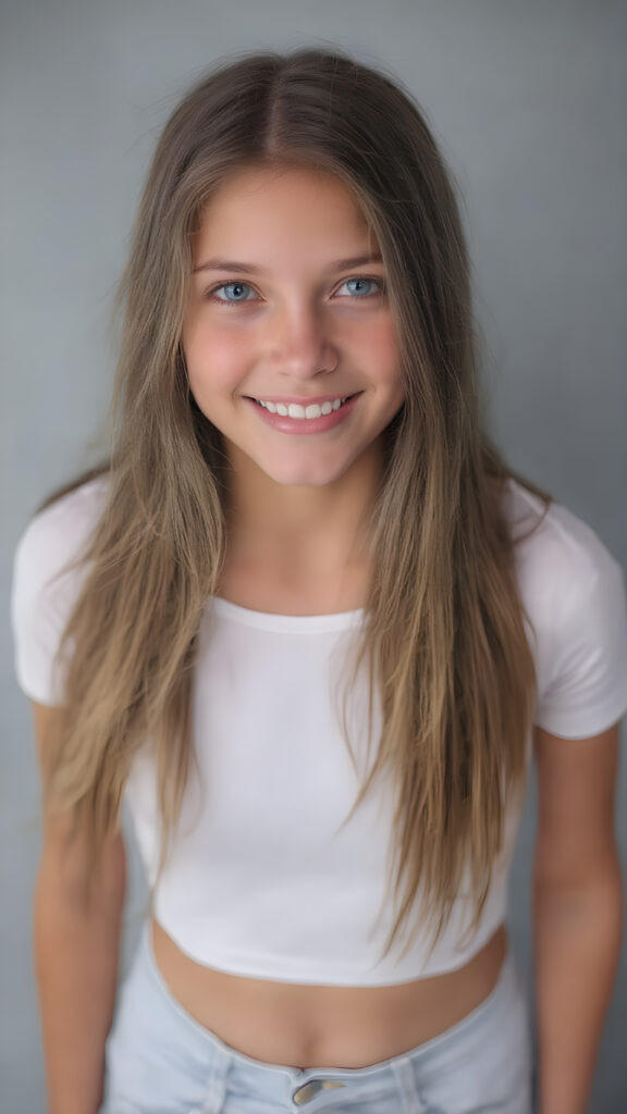 create a high quality image of a (((young beautiful tanned cute teen girl), straight soft long flowing hair, with perfectly realistic looking eyes (matching eyes) and (bright happy smile) facing the camera in a (((full length portrait))), (dressed in a sleek ((white short cropped top), and (tight jeans)) with ((white skin tight leggings)) and (beautifully detailed fingers)), poised against a (natural looking (((grey background)))) where her focus on the camera is perfectly framed and captures her perfectly realistic and detailed (skin texture variations) in a (extremely detailed and high resolution full height image), showcasing her perfectly curved and defined (perfectly symmetrical and evenly matched eyes) and beautifully defined (face texture) against a (super short tight (white) shirt that perfectly complements her look) and (tightly fitted (jean shorts) that flatters her legs), accentuating her slim and perfectly curved thighs.