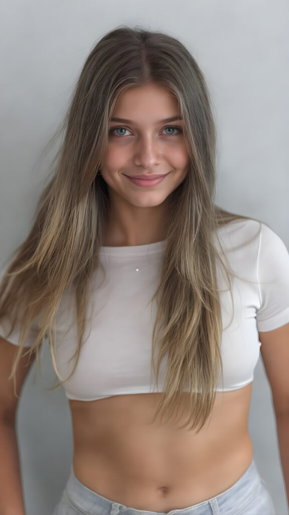 create a high quality image of a (((young beautiful tanned cute teen girl), straight soft long flowing hair, with perfectly realistic looking eyes (matching eyes) and (bright happy smile) facing the camera in a (((full length portrait))), (dressed in a sleek ((white short cropped top), and (tight jeans)) with ((white skin tight leggings)) and (beautifully detailed fingers)), poised against a (natural looking (((grey background)))) where her focus on the camera is perfectly framed and captures her perfectly realistic and detailed (skin texture variations) in a (extremely detailed and high resolution full height image), showcasing her perfectly curved and defined (perfectly symmetrical and evenly matched eyes) and beautifully defined (face texture) against a (super short tight (white) shirt that perfectly complements her look) and (tightly fitted (jean shorts) that flatters her legs), accentuating her slim and perfectly curved thighs.