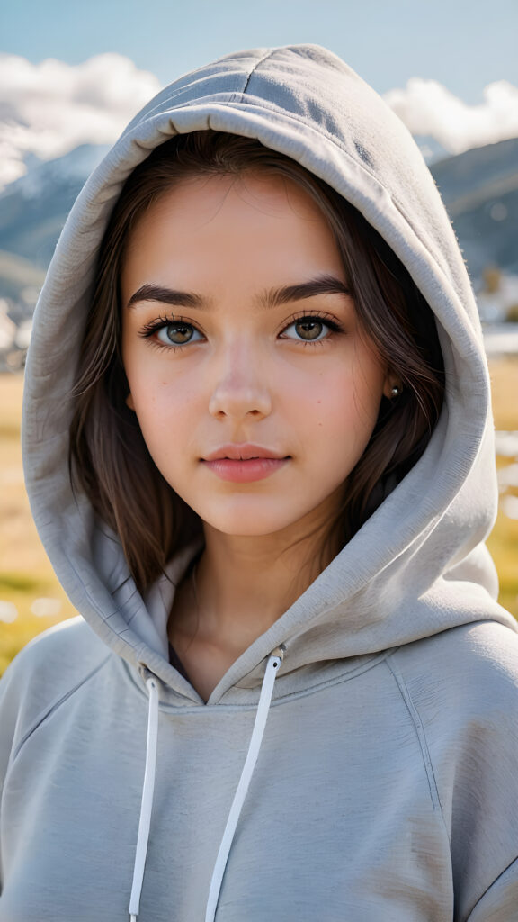 create a masterpice of image: a young gorgeous and stunning girl, dressed in a (vivid grey hoodie) (white landscape in the background)