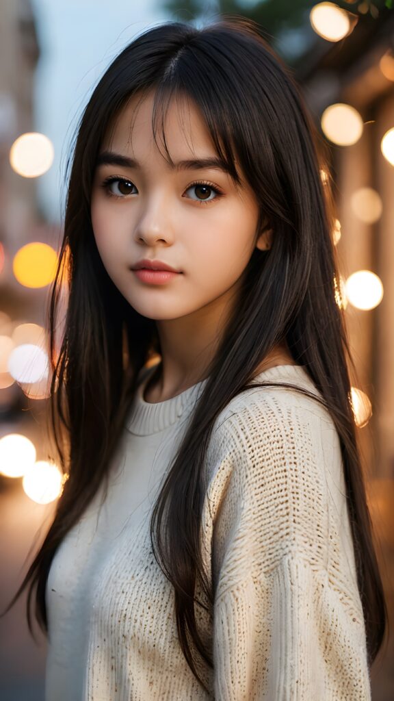 create a portrait of a cute, beautiful, sweet, kind, adorable, breathtaking, delicate, pretty, graceful, elegant, 15-year-old girl with long, straight, silky black hair, bangs, light brown eyes, full lips, wearing a warm sweater. (((The background is slightly blurred)))