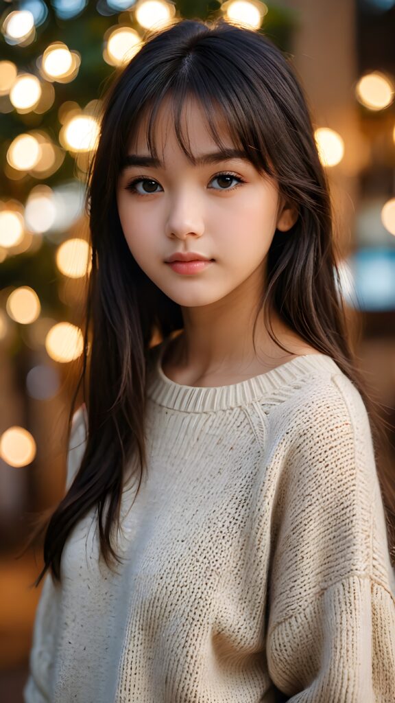 create a portrait of a cute, beautiful, sweet, kind, adorable, breathtaking, delicate, pretty, graceful, elegant, 15-year-old girl with long, straight, silky black hair, bangs, light brown eyes, full lips, wearing a warm sweater. (((The background is slightly blurred)))