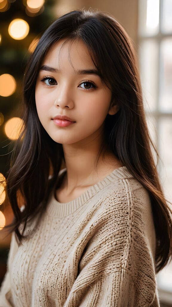 create a portrait of a cute, beautiful, sweet, kind, adorable, breathtaking, delicate, pretty, graceful, elegant, 15-year-old girl with long, straight, silky black hair, bangs, light brown eyes, full lips, wearing a warm sweater. (((The background is slightly blurred)))