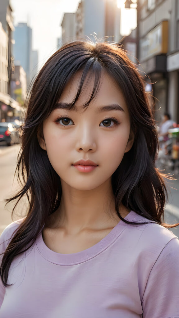 create a realistic photo of a thoughtful (((cute and petite Korean girl))) with detailed long, softly curled obsidian black straight hair that reaches below her waist and bangs that cut to the side, shiny and beautiful. Her lips are soft in deep grey, her eyes shine like jewels in the sun, and her skin is white with a hint of pink. She wears a form-fitting light violet t-shirt. The background is a blurry city street bathed in the warm light of early morning or late afternoon