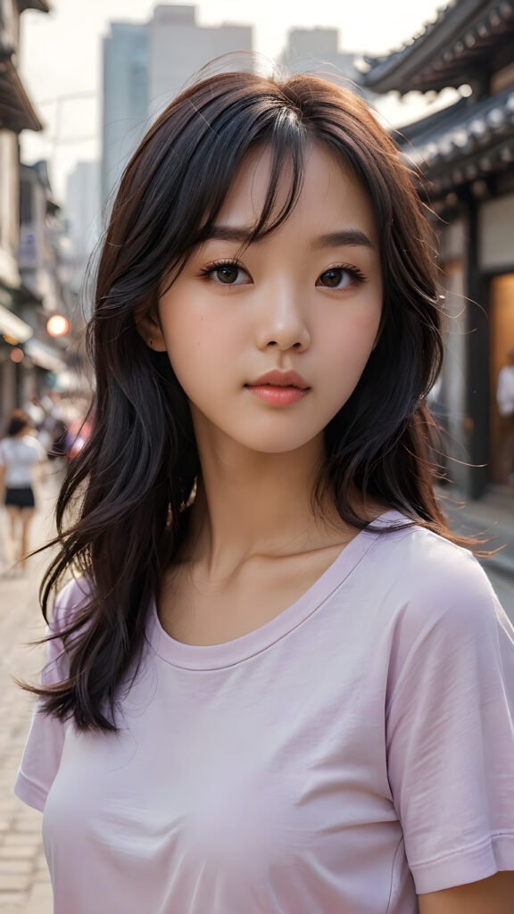 create a realistic photo of a thoughtful (((cute and petite Korean girl))) with detailed long, softly curled obsidian black straight hair that reaches below her waist and bangs that cut to the side, shiny and beautiful. Her lips are soft in deep grey, her eyes shine like jewels in the sun, and her skin is white with a hint of pink. She wears a form-fitting light violet t-shirt. The background is a blurry city street bathed in the warm light of early morning or late afternoon