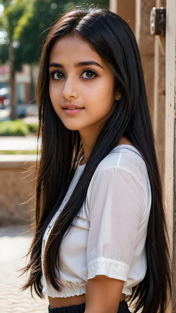 a young beautiful cute Pakistani teen girl, 15 years old, warm smile, dimmed light falls on her, she has long (((black straight hair))) (her hair falls on her shoulders), and dark realistic eyes, ((angelic round face)), grey background, perfect shadows, she wears (a ((white short and tight crop top))), perfect curved fit body, she looks seductively at the viewer and smiles slightly, upper body, flawless skin, ((side profile)) ((ultra realistic photo)) ((stunning)) ((gorgeous)) ((4k))