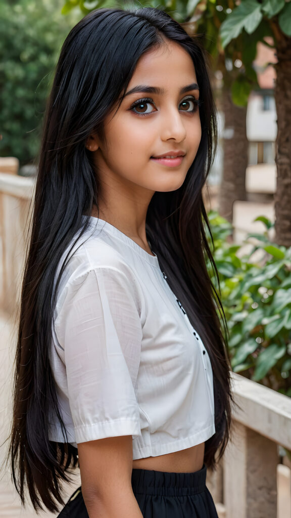 a young beautiful cute Pakistani teen girl, 15 years old, warm smile, dimmed light falls on her, she has long (((black straight hair))) (her hair falls on her shoulders), and dark realistic eyes, ((angelic round face)), grey background, perfect shadows, she wears (a ((white short and tight crop top))), perfect curved fit body, she looks seductively at the viewer and smiles slightly, upper body, flawless skin, ((side profile)) ((ultra realistic photo)) ((stunning)) ((gorgeous)) ((4k))