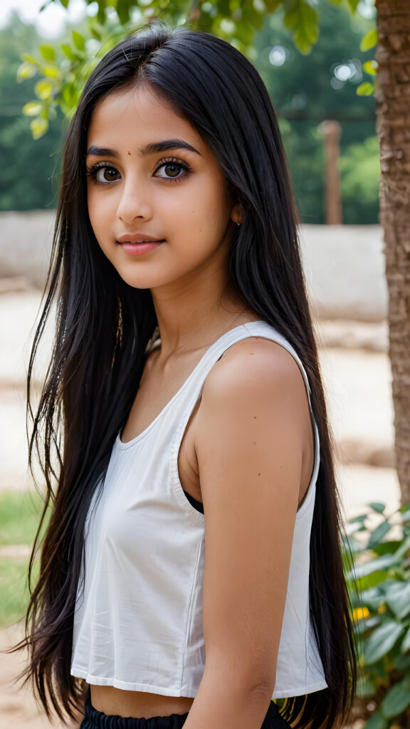 a young beautiful cute Pakistani teen girl, 15 years old, warm smile, dimmed light falls on her, she has long (((black straight hair))) (her hair falls on her shoulders), and dark realistic eyes, ((angelic round face)), grey background, perfect shadows, she wears (a ((white short and tight crop top))), perfect curved fit body, she looks seductively at the viewer and smiles slightly, upper body, flawless skin, ((side profile)) ((ultra realistic photo)) ((stunning)) ((gorgeous)) ((4k))