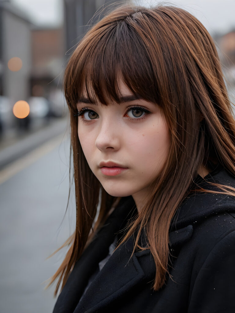 create detailed pictures: a (((teen emo girl with long, soft brown straight hair in bangs and amber eyes, exuding a sense of sadness and loneliness, tears streaming down her face, black coat, (grey background)