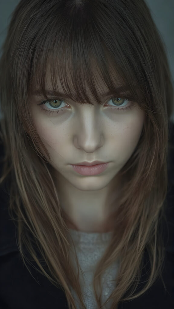 create detailed pictures: a (((teen emo girl with long, soft brown straight hair in bangs and amber eyes, exuding a sense of sadness and loneliness, tears streaming down her face, black coat, (grey background)