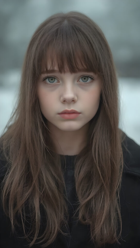 create detailed pictures: a (((teen emo girl with long, soft brown straight hair in bangs and amber eyes, exuding a sense of sadness and loneliness, tears streaming down her face, black coat, (grey background)