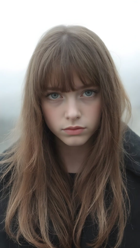 create detailed pictures: a (((teen emo girl with long, soft brown straight hair in bangs and amber eyes, exuding a sense of sadness and loneliness, tears streaming down her face, black coat, (grey background)