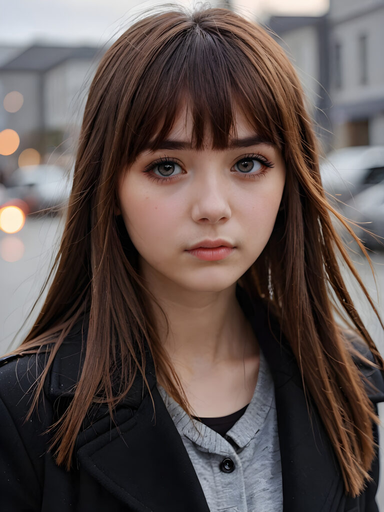 create detailed pictures: a (((teen emo girl with long, soft brown straight hair in bangs and amber eyes, exuding a sense of sadness and loneliness, tears streaming down her face, black coat, (grey background)