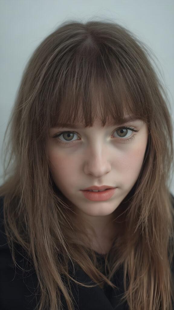 create detailed pictures: a (((teen emo girl with long, soft brown straight hair in bangs and amber eyes, exuding a sense of sadness and loneliness, tears streaming down her face, black coat, (grey background)