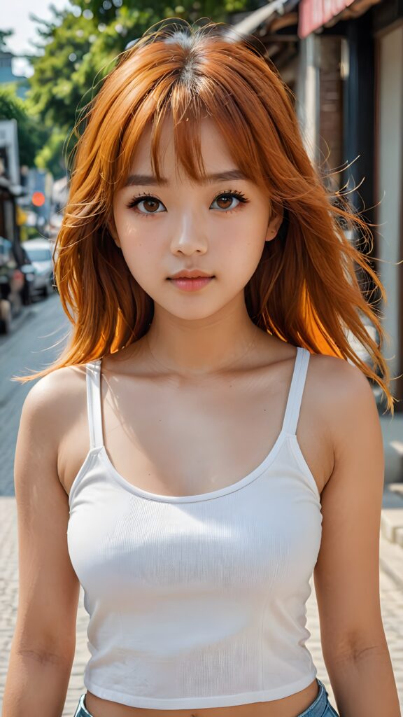 cute 14 years old teen girl, Korea styled bangs, perfect curved body, ultra realistic face, realistic amber eyes, ((detailed orange soft long straight hair)), ((white cropped short tank top)), a stunning photo with beautiful saturation, ultra high resolution, deep shadow, (best quality, masterpiece)