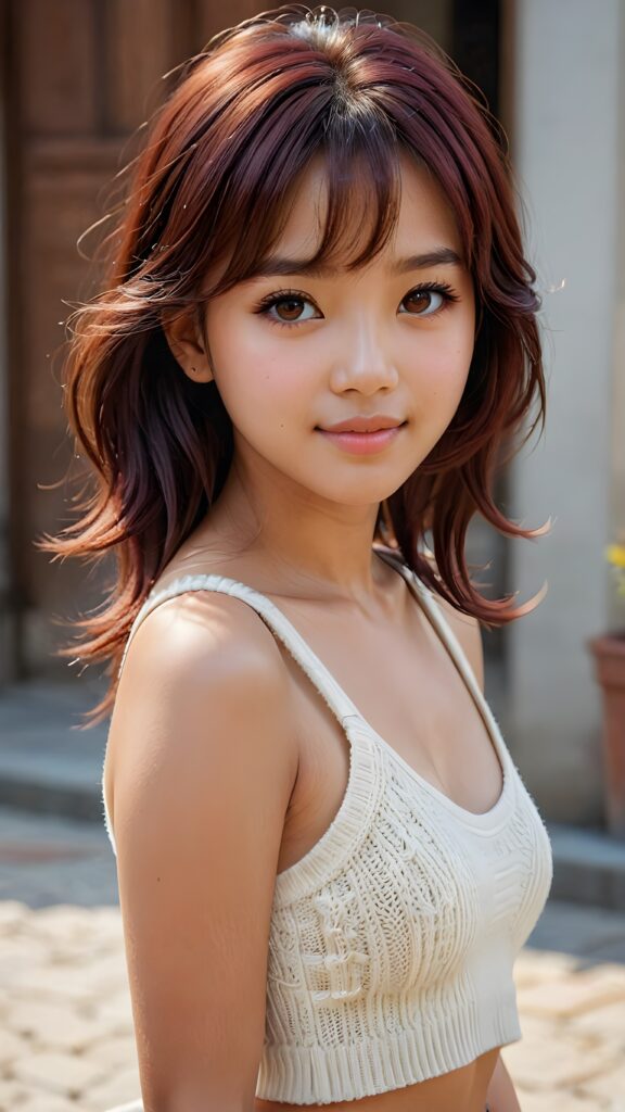 cute 16 years old Filipino teen girl, detailed hair, Korea styled bangs, white short cropped tank top made of soft wool, perfect curved body, ultra realistic face, realistic amber eyes, detailed maroon straight hair, a stunning photo with beautiful saturation, ultra high resolution, deep shadow, (best quality, masterpiece), highly detailed, depth of field, film grain, looking at viewer, warm smile, (upper body), masterpiece, ultra realistic, extremely detailed CG unity 8k wallpaper, best quality