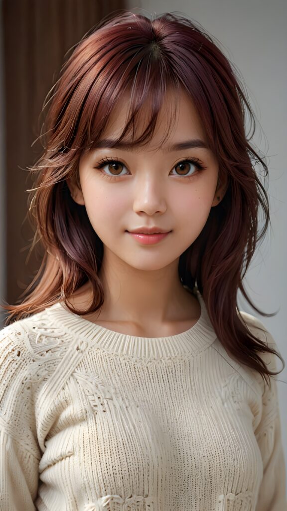 cute 16 years old Malaysian teen girl, detailed hair, Korea styled bangs, white short fine wool sweater, perfect curved body, ultra realistic face, realistic amber eyes, detailed maroon straight hair, a stunning photo with beautiful saturation, ultra high resolution, deep shadow, (best quality, masterpiece), highly detailed, depth of field, film grain, looking at viewer, warm smile, (upper body), masterpiece, ultra realistic, extremely detailed CG unity 8k wallpaper, best quality