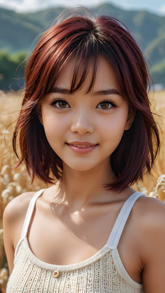 cute 16 years old Filipino teen girl, detailed hair, Korea styled bangs, white short cropped tank top made of soft wool, perfect curved body, ultra realistic face, realistic amber eyes, detailed maroon straight hair, a stunning photo with beautiful saturation, ultra high resolution, deep shadow, (best quality, masterpiece), highly detailed, depth of field, film grain, looking at viewer, warm smile, (upper body), masterpiece, ultra realistic, extremely detailed CG unity 8k wallpaper, best quality