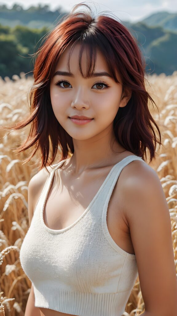 cute 16 years old Filipino teen girl, detailed hair, Korea styled bangs, white short cropped tank top made of soft wool, perfect curved body, ultra realistic face, realistic amber eyes, detailed maroon straight hair, a stunning photo with beautiful saturation, ultra high resolution, deep shadow, (best quality, masterpiece), highly detailed, depth of field, film grain, looking at viewer, warm smile, (upper body), masterpiece, ultra realistic, extremely detailed CG unity 8k wallpaper, best quality