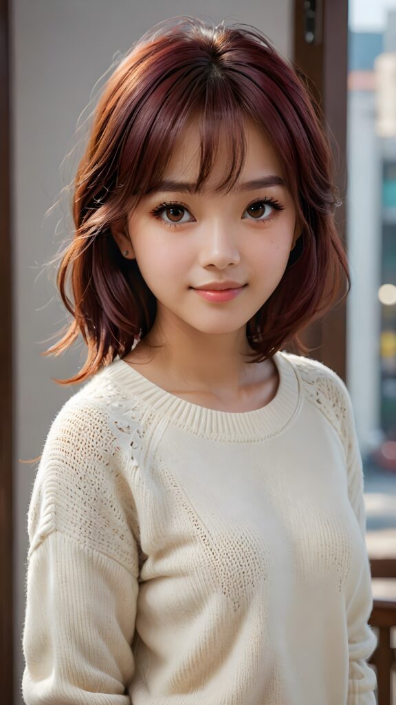 cute 16 years old Malaysian teen girl, detailed hair, Korea styled bangs, white short fine wool sweater, perfect curved body, ultra realistic face, realistic amber eyes, detailed maroon straight hair, a stunning photo with beautiful saturation, ultra high resolution, deep shadow, (best quality, masterpiece), highly detailed, depth of field, film grain, looking at viewer, warm smile, (upper body), masterpiece, ultra realistic, extremely detailed CG unity 8k wallpaper, best quality