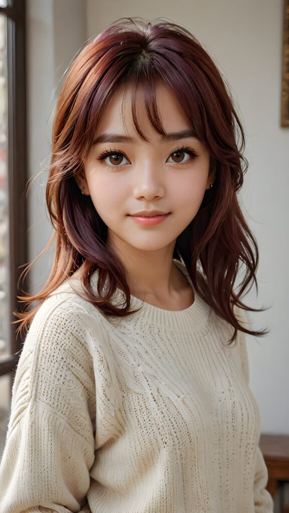 cute 16 years old Malaysian teen girl, detailed hair, Korea styled bangs, white short fine wool sweater, perfect curved body, ultra realistic face, realistic amber eyes, detailed maroon straight hair, a stunning photo with beautiful saturation, ultra high resolution, deep shadow, (best quality, masterpiece), highly detailed, depth of field, film grain, looking at viewer, warm smile, (upper body), masterpiece, ultra realistic, extremely detailed CG unity 8k wallpaper, best quality