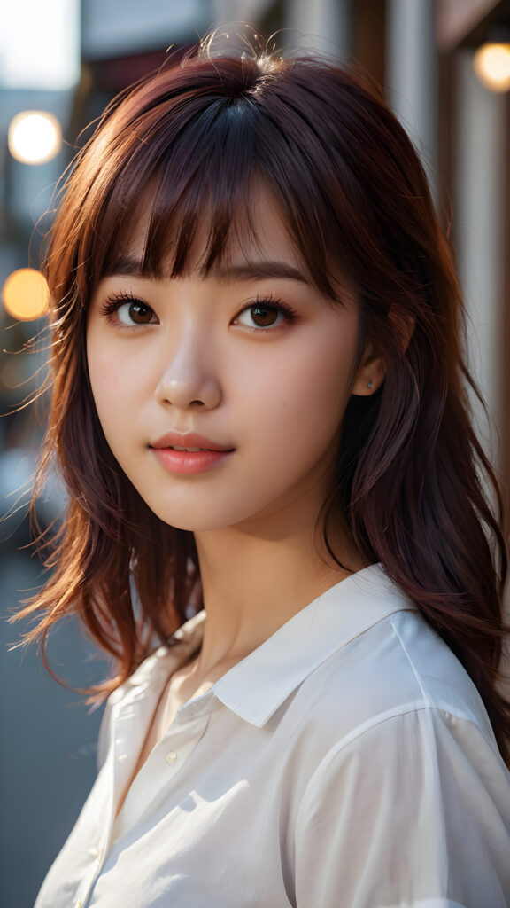 cute 16 years old teen girl, detailed hair, Korea styled bangs, white short shirt, perfect curved body, ultra realistic face, realistic amber eyes, detailed maroon straight hair, a stunning photo with beautiful saturation, ultra high resolution, deep shadow, (best quality, masterpiece), highly detailed, depth of field, film grain, looking at viewer, warm smile, (upper body), masterpiece, ultra realistic, extremely detailed CG unity 8k wallpaper, best quality, side view