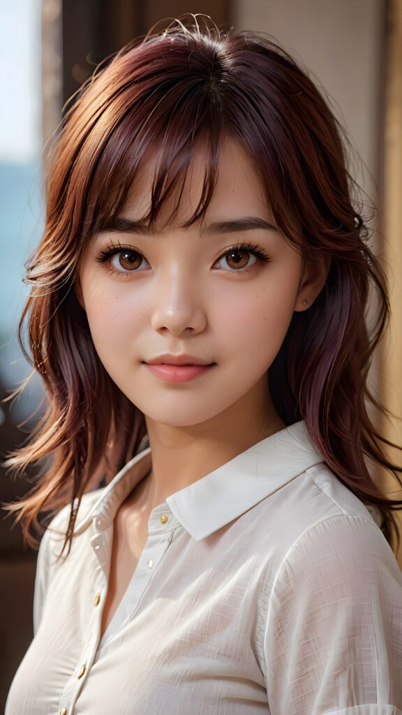 cute 16 years old teen girl, detailed hair, Korea styled bangs, white short shirt, perfect curved body, ultra realistic face, realistic amber eyes, detailed maroon straight hair, a stunning photo with beautiful saturation, ultra high resolution, deep shadow, (best quality, masterpiece), highly detailed, skinny, break depth of field, film grain, wrinkled skin, looking at viewer, warm smile, (upper body), masterpiece, ultra realistic,extremely detailed CG unity 8k wallpaper, best quality