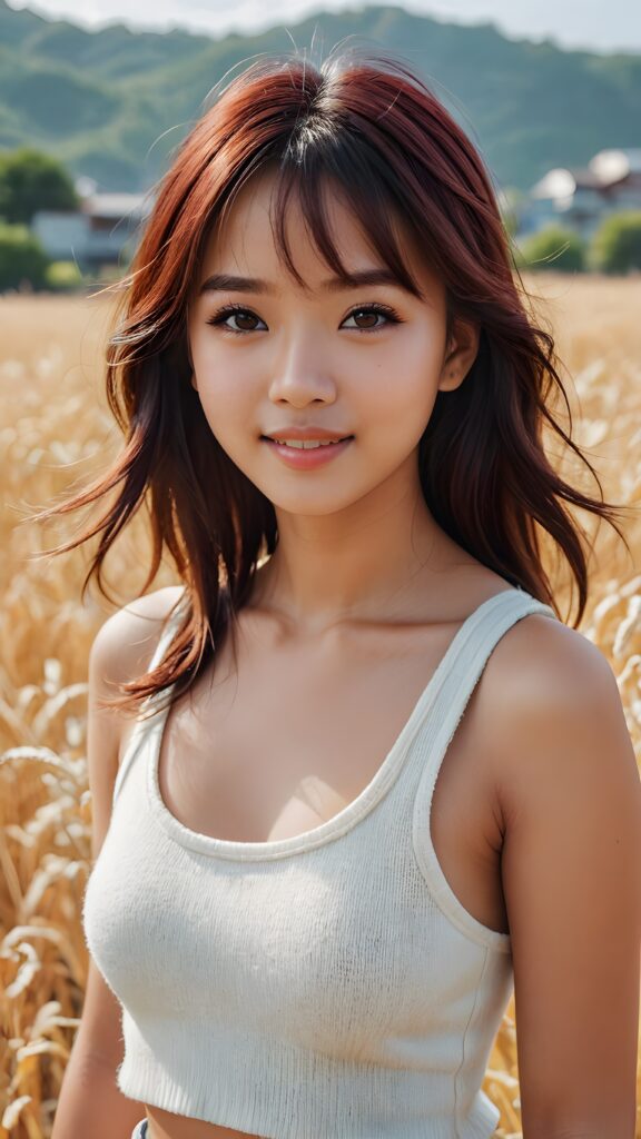 cute 16 years old Filipino teen girl, detailed hair, Korea styled bangs, white short cropped tank top made of soft wool, perfect curved body, ultra realistic face, realistic amber eyes, detailed maroon straight hair, a stunning photo with beautiful saturation, ultra high resolution, deep shadow, (best quality, masterpiece), highly detailed, depth of field, film grain, looking at viewer, warm smile, (upper body), masterpiece, ultra realistic, extremely detailed CG unity 8k wallpaper, best quality