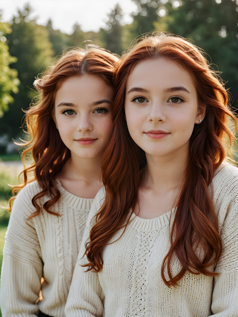 ((cute)) ((female model)) ((stunning)) ((portrait shot)) two very pretty young teen twin girls, 14 years old, wears a short sweater made with fine wool, long soft wavy red hair