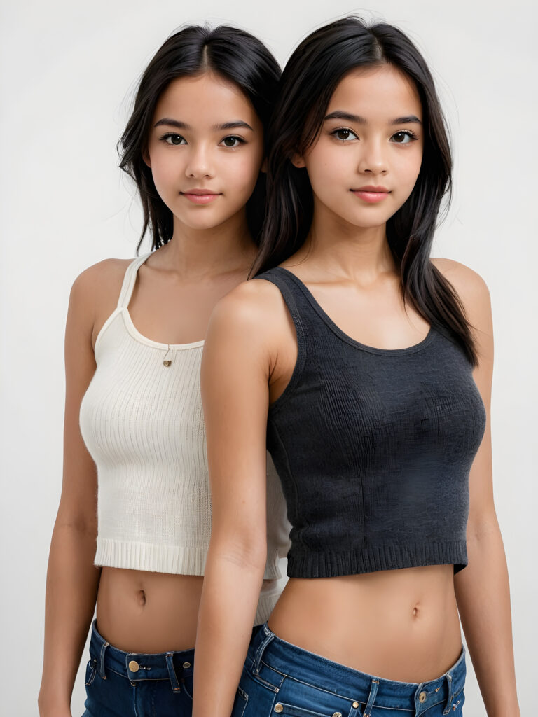 ((cute)) ((female model)) ((stunning)) ((portrait shot)) very pretty young brown-skinned twin girls, 14 years old, wears a short crop tank top made with fine wool, long soft straight black hair