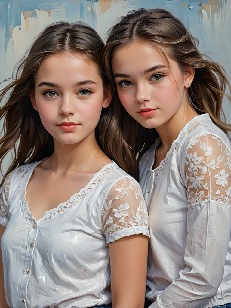 ((cute)) ((female model)) ((stunning)) ((portrait shot)) two very pretty young twin teen girls, 15 years old