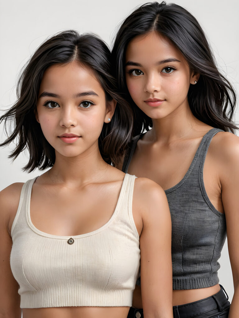 ((cute)) ((female model)) ((stunning)) ((portrait shot)) very pretty young brown-skinned twin girls, 14 years old, wears a short crop tank top made with fine wool, long soft straight black hair