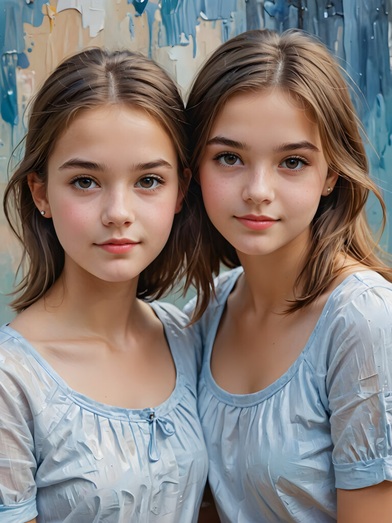 ((cute)) ((female model)) ((stunning)) ((portrait shot)) two very pretty young twin teen girls, 15 years old