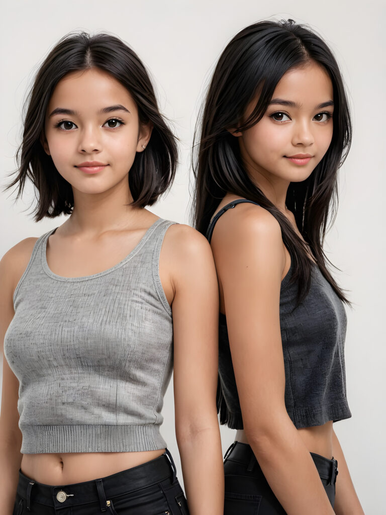 ((cute)) ((female model)) ((stunning)) ((portrait shot)) very pretty young brown-skinned twin girls, 14 years old, wears a short crop tank top made with fine wool, long soft straight black hair