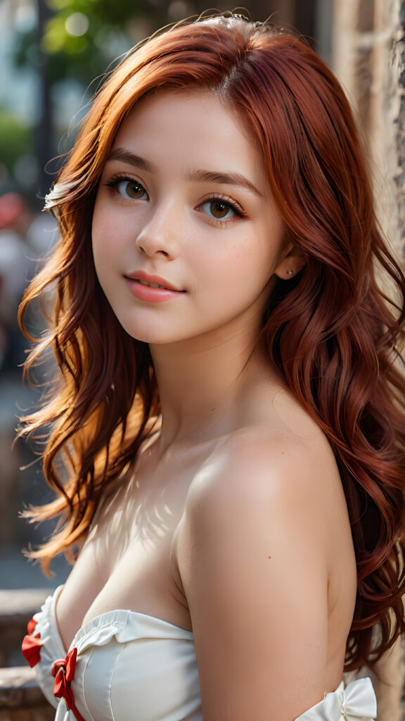 (((cute))) (((gorgeous))) ((stunning)) ((female model)) (upper body), (side view), (best quality, masterpiece), deep shadow, depth of field, photo with beautiful saturation, ultra high resolution, cute 16 years old teen girl, detailed red hair, perfect curved body, ultra realistic face, realistic eyes, looking at viewer, warm smile