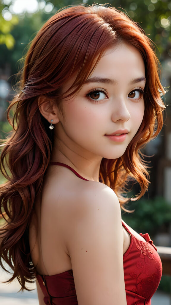 (((cute))) (((gorgeous))) ((stunning)) ((female model)) (upper body), (side view), (best quality, masterpiece), deep shadow, depth of field, photo with beautiful saturation, ultra high resolution, cute 16 years old teen girl, detailed red hair, perfect curved body, ultra realistic face, realistic eyes, looking at viewer, warm smile