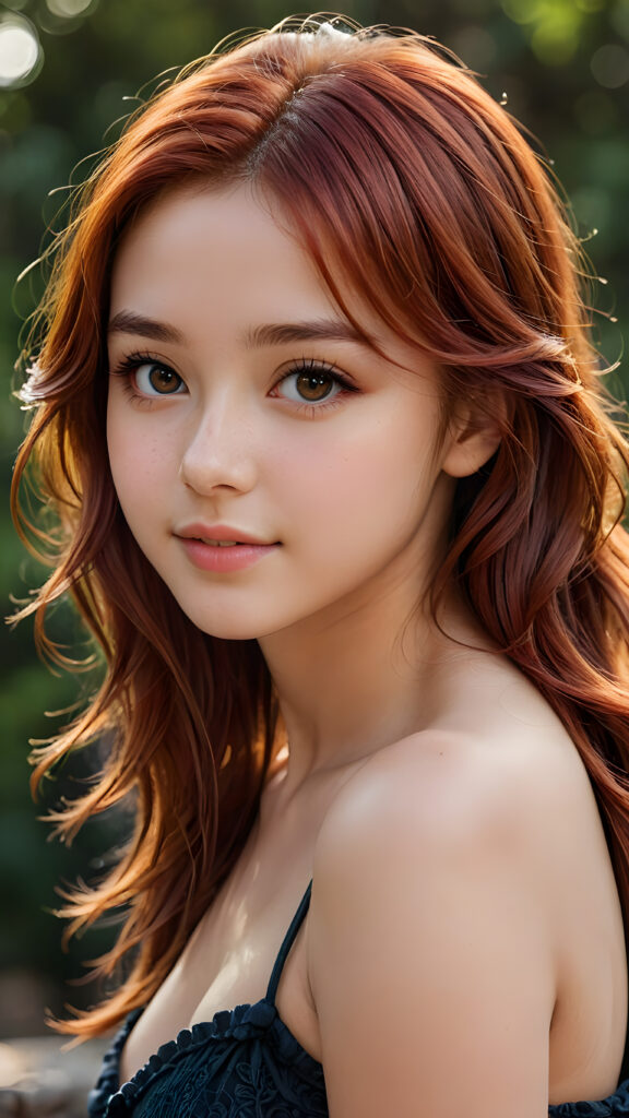 (((cute))) (((gorgeous))) ((stunning)) ((female model)) (upper body), (side view), (best quality, masterpiece), deep shadow, depth of field, photo with beautiful saturation, ultra high resolution, cute 16 years old teen girl, detailed red hair, perfect curved body, ultra realistic face, realistic eyes, looking at viewer, warm smile