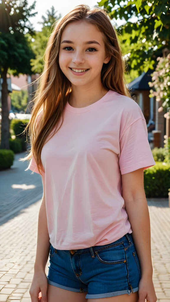 (((cute))) (((long, straight hazelnut hair))) ((stunning)) a ((beautiful)) (gorgeous) 16 year old girl. ((perfect body)) ((perfect face)), ((wears a pink oversized T-Shirt and loose fitting jean shorts)) ((smiling)) ((sunny))