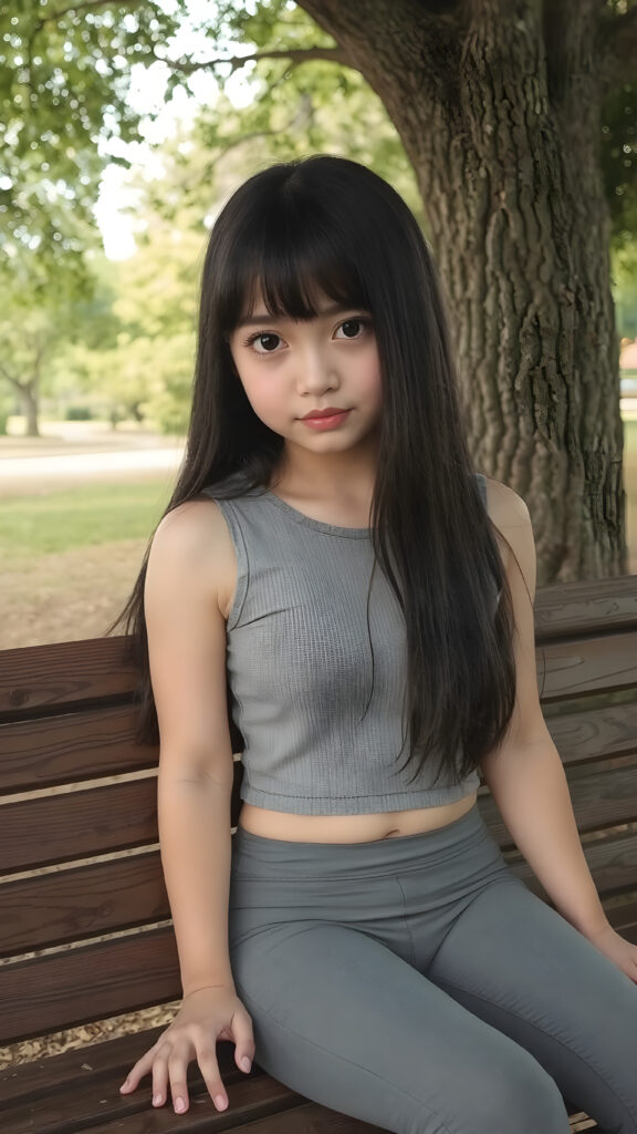 cute teenasia girl, long straight black hair with bangs, realistic detailed big eyes, natural looking glossy skin, full lips with a cute smile, wearing a super short tight (grey crop top) and (short tight pants), sitting on a wooden bench in a serene park under a tree, looking sad at the camera with a soft gaze