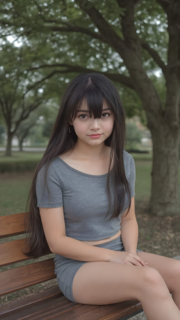 cute teenasia girl, long straight black hair with bangs, realistic detailed big eyes, natural looking glossy skin, full lips with a cute smile, wearing a super short tight (grey crop top) and (short tight pants), sitting on a wooden bench in a serene park under a tree, looking sad at the camera with a soft gaze