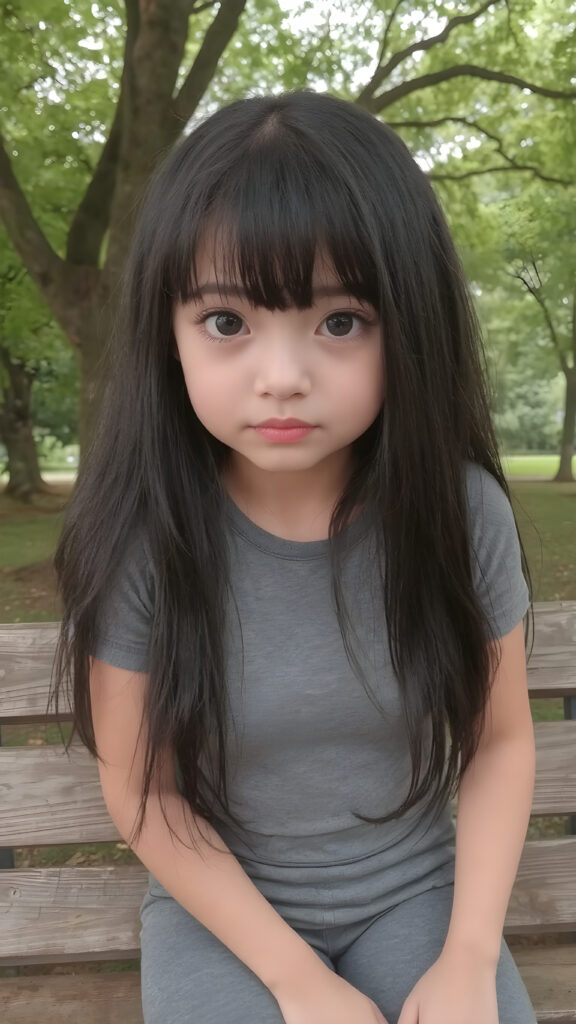 cute teenasia girl, long straight black hair with bangs, realistic detailed big eyes, natural looking glossy skin, full lips with a cute smile, wearing a super short tight (grey crop top) and (short tight pants), sitting on a wooden bench in a serene park under a tree, looking sad at the camera with a soft gaze