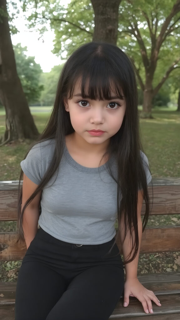 cute teenasia girl, long straight black hair with bangs, realistic detailed big eyes, natural looking glossy skin, full lips with a cute smile, wearing a super short tight (grey crop top) and (short tight pants), sitting on a wooden bench in a serene park under a tree, looking sad at the camera with a soft gaze