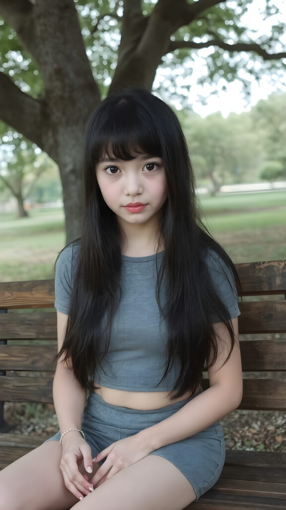 cute teenasia girl, long straight black hair with bangs, realistic detailed big eyes, natural looking glossy skin, full lips with a cute smile, wearing a super short tight (grey crop top) and (short tight pants), sitting on a wooden bench in a serene park under a tree, looking sad at the camera with a soft gaze