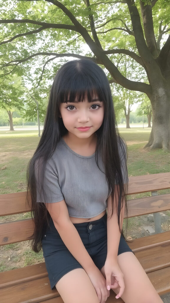 cute teenasia girl, long straight black hair with bangs, realistic detailed big eyes, natural looking glossy skin, full lips with a cute smile, wearing a super short tight (grey crop top) and (short tight pants), sitting on a wooden bench in a serene park under a tree, looking sad at the camera with a soft gaze