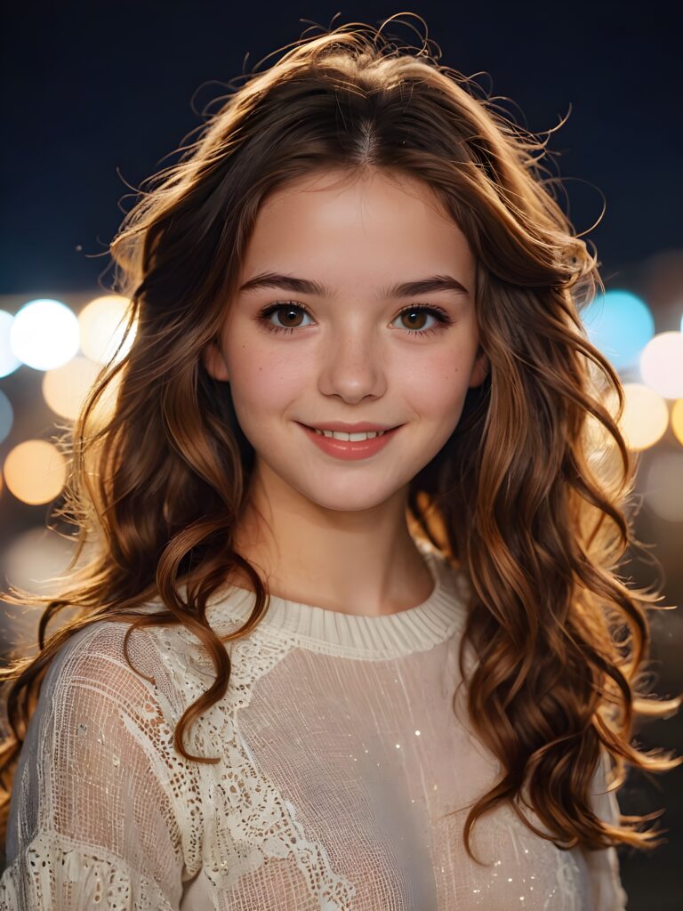 cute young teenage girl, her amber hair flows in dark brown waves, her lips are full, and she has a sweet smile, her skin is pure, and her eyes sparkle