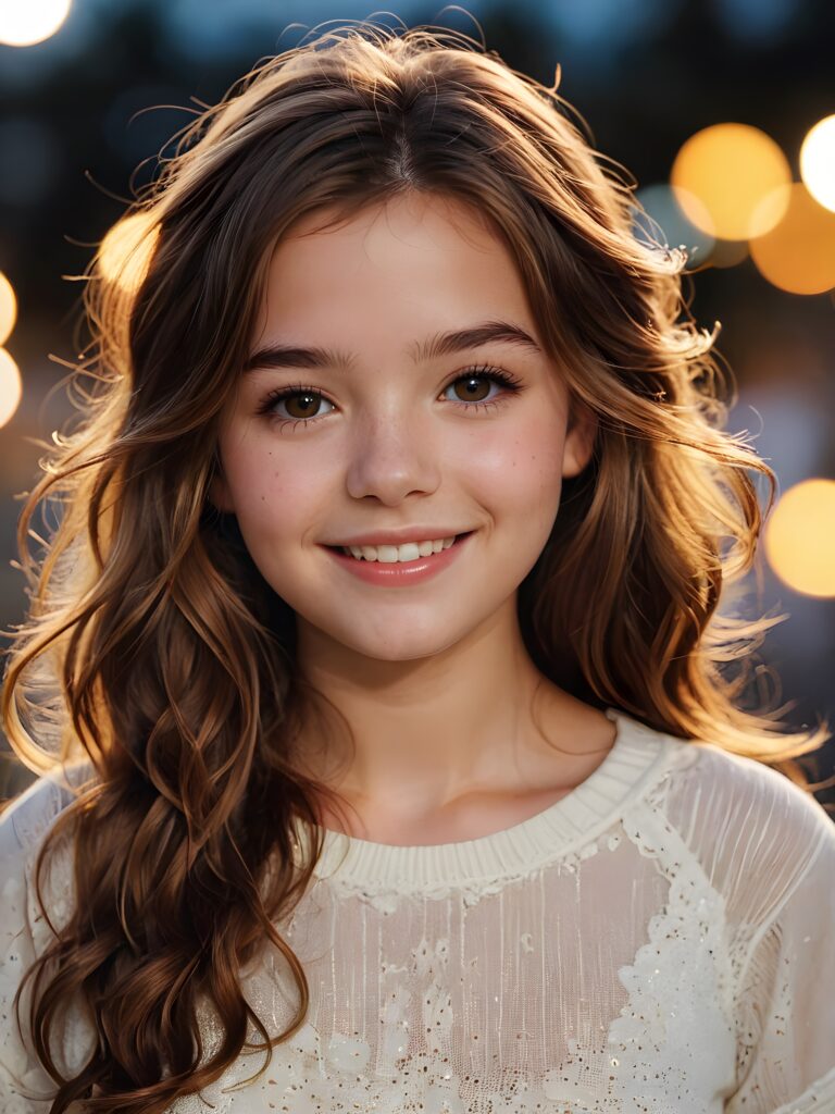 cute young teenage girl, her amber hair flows in dark brown waves, her lips are full, and she has a sweet smile, her skin is pure, and her eyes sparkle