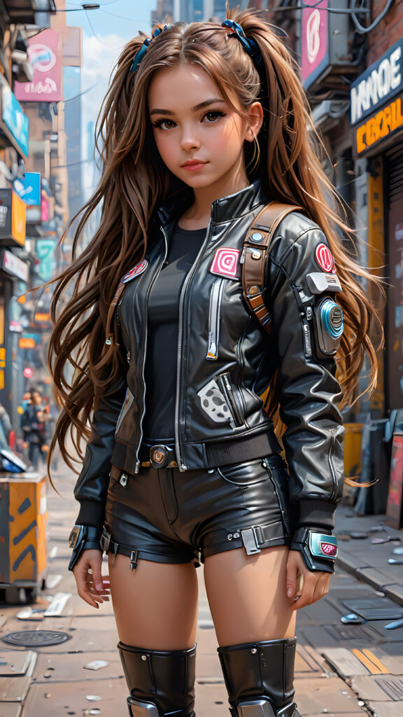 ((detailed)) a young girl in cyber punk style, she has long brown hair, full body shot