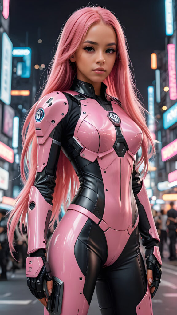 ((detailed)) a tanned young babe girl in a battle suit in cyber punk style, she has ((long pink straight hair)), full body shot, black and white pencil draw