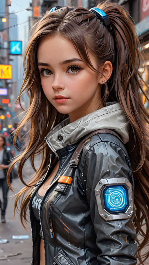 ((detailed)) a young girl in cyber punk style, she has long brown hair, full body shot