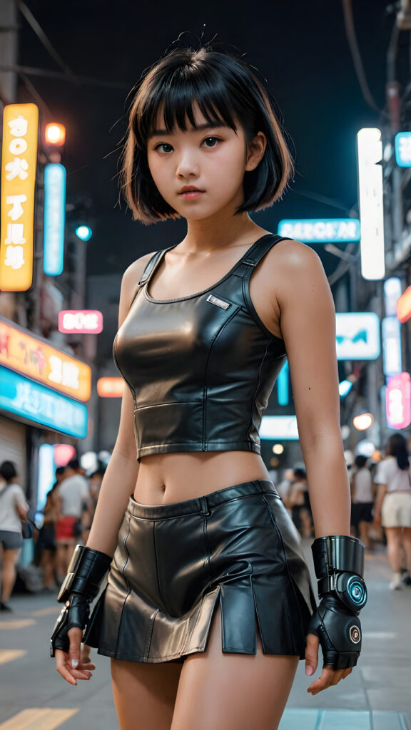 ((detailed)) a tanned young Korean teenage girl, 15 years old in a super short battle suit in cyber punk style, short cropped tank top, short mini skirt, she has full straight jet black hair in bangs cut, full body shot, perfect fit body